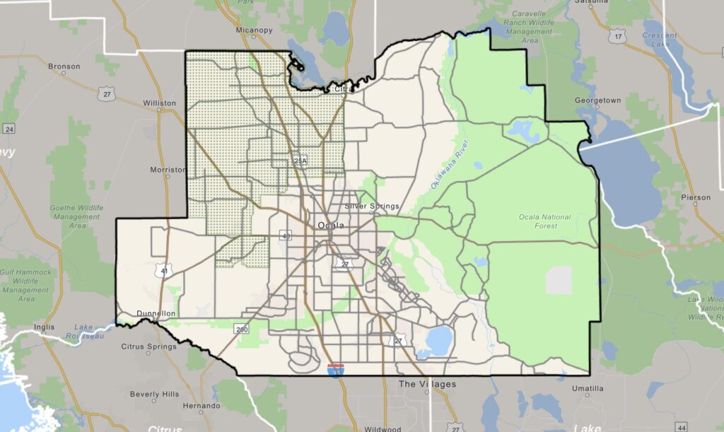 Marion County's Farmland Preservation Area is located in the northwest part of the county. It is represented on this map by the area covered in tree icons.