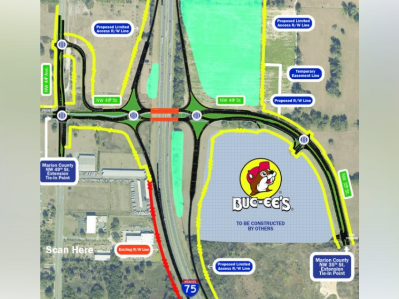 A chart of all the future improvements at the Interstate 75, NW 49th Street interchange in Ocala, including the new Buc-ee's.