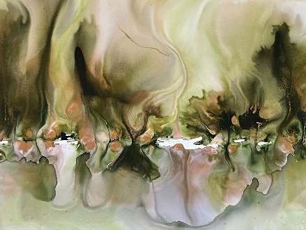 Dreamscape,” 2023, Kendra Brazzel, Watercolor, acrylic and ink on mineral paper mounted on a wood cradleboard and coated with resin, 18 x 24 in., Courtesy of the artist.