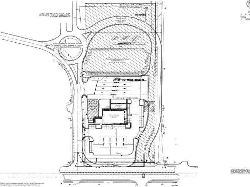 A conceptual plan shows the layout of the new RaceTrac and proposed roundabout in west Ocala.