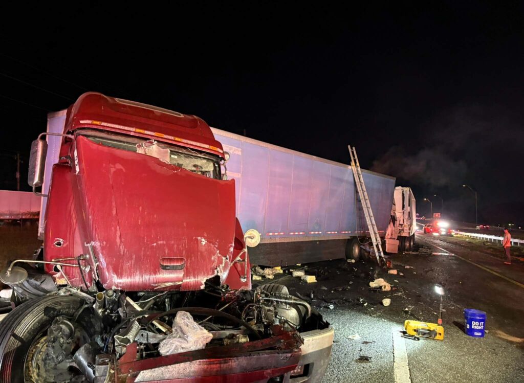 The front of one of the semis involved in the accident
