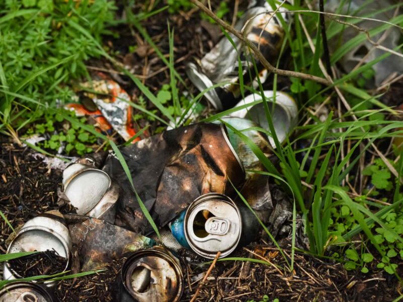 Beer cans and trash on the side of the road