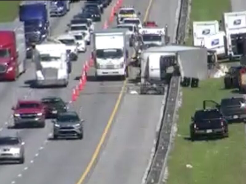 An overturned semi-truck trailer on Interstate 75 near mile marker 374 in Alachua County on Wednesday, March 19.
