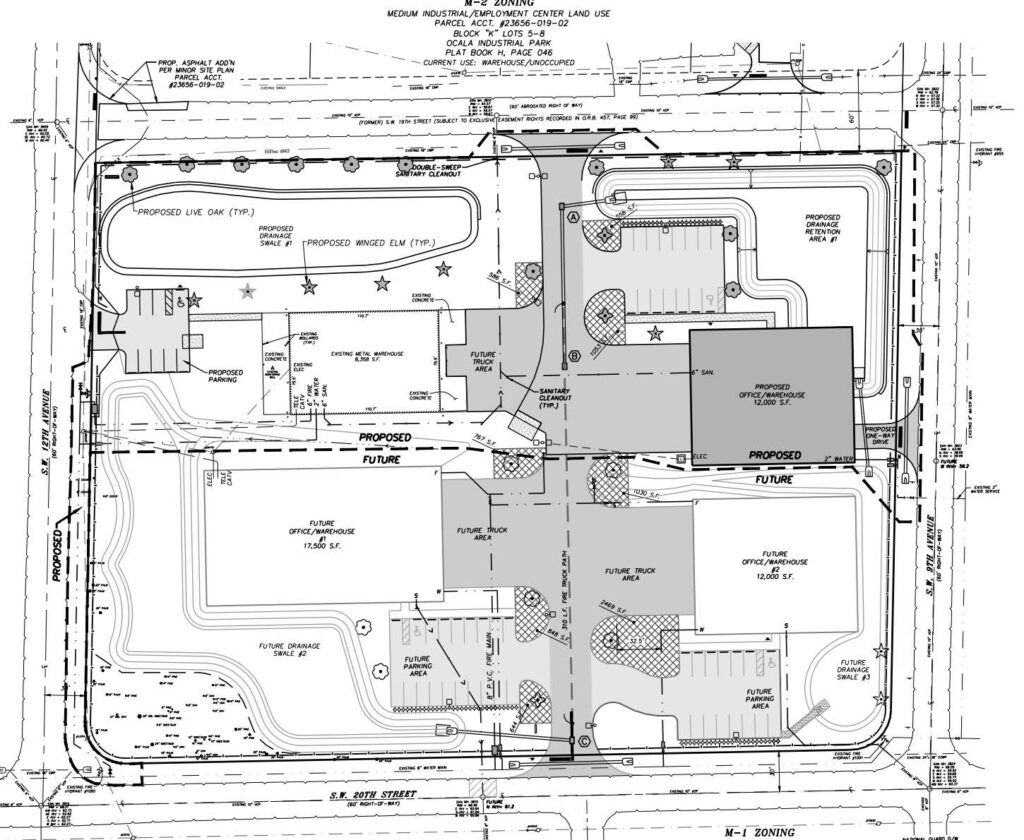 A site plan for the property shows the potential for two future warehouses.