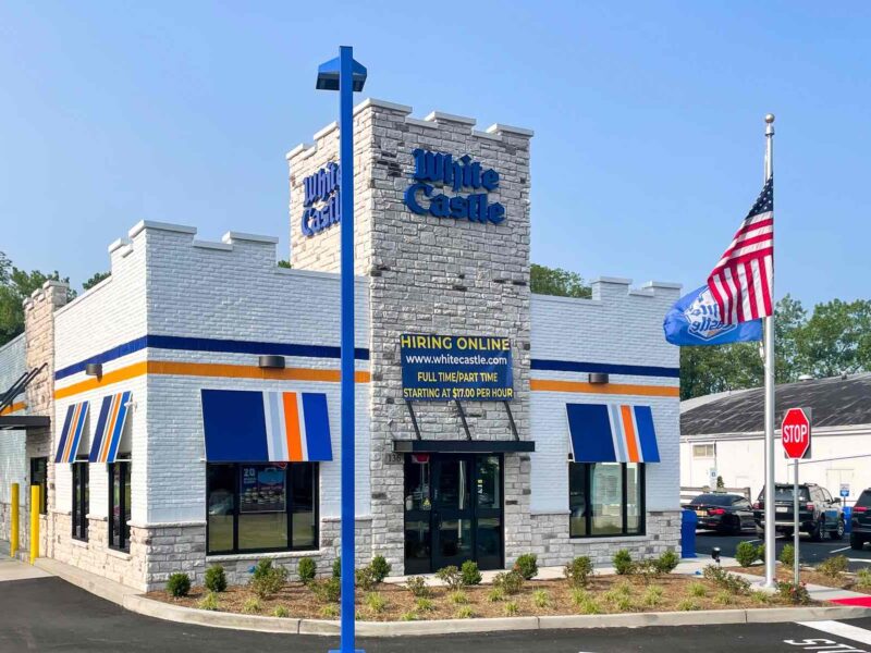 Nanuet, NY USA May 23, 2023 Landscape view of the iconic White Castle, an American regional hamburger restaurant chain.