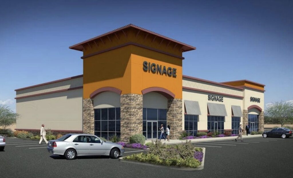 A rendering shows the possible architectural style of the proposed commercial portion of the development.