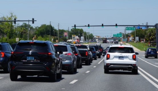 Cars in traffic along State Road 200/SW College Road in Ocala, Marion County