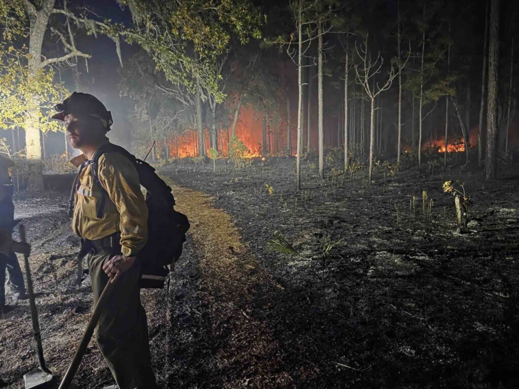 Firefighters responding to wildfire in the Ocala National Forest on May 15, 2025