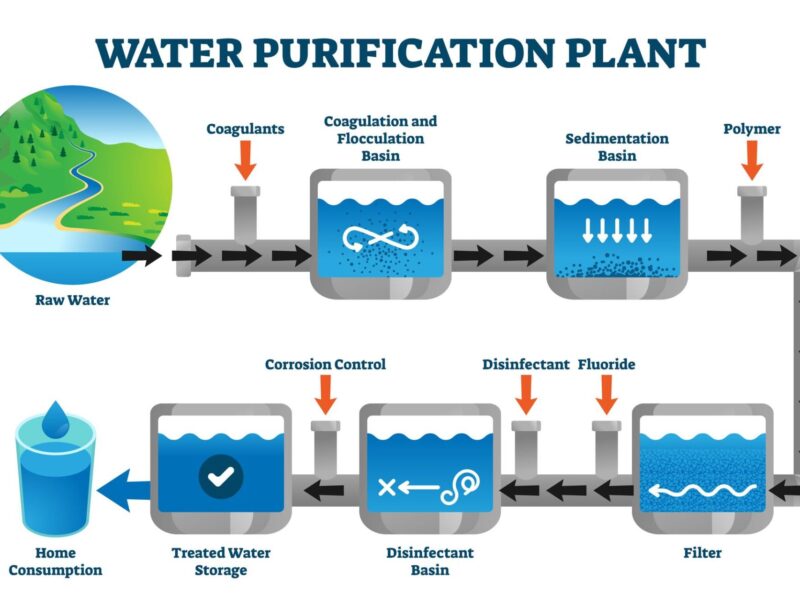 Water purification plant filtration process explanation vector illustration