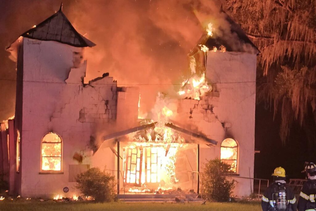 Close up of church on fire in Citra