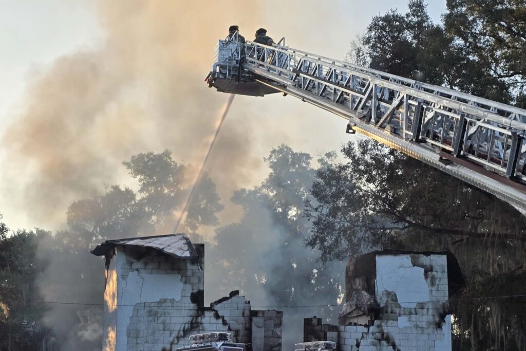 Marion County Fire Rescue units extinguish a fire at a church in Citra