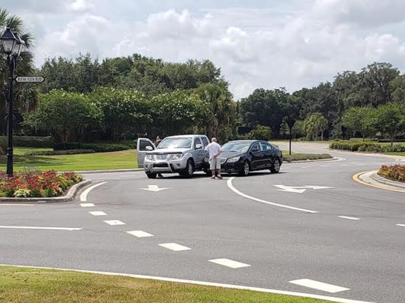 Two vehicles collided Wednesday morning in a roundabout on Buena Vista Boulevard near the Eisenhower Recreation Center.