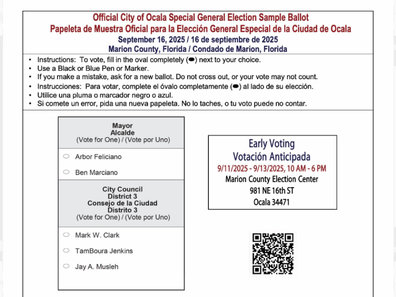 A sample ballot for the special election scheduled in Ocala.
