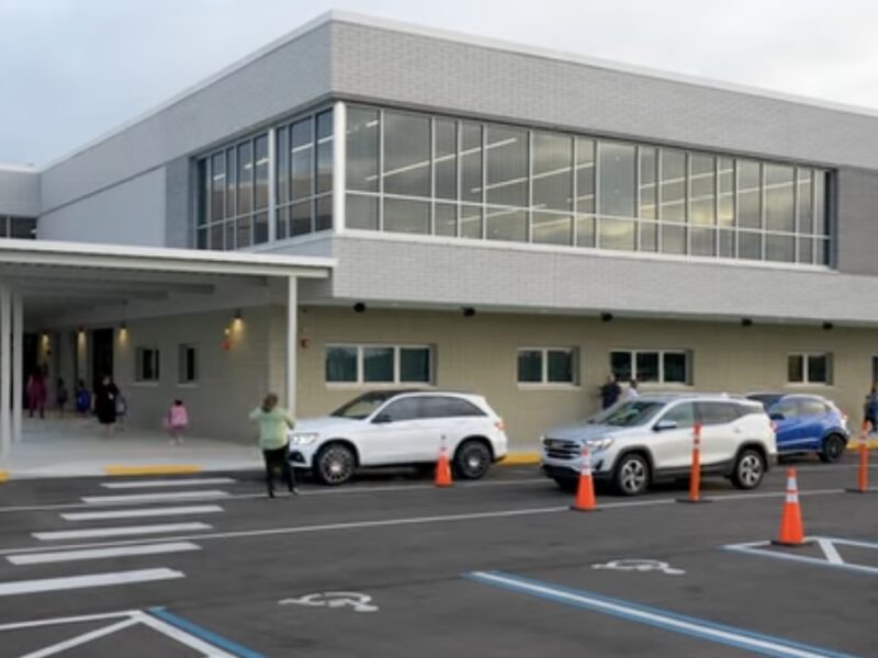 The car line outside of the new Winding Oaks Elementary School in Ocala, which opened to students on Monday.