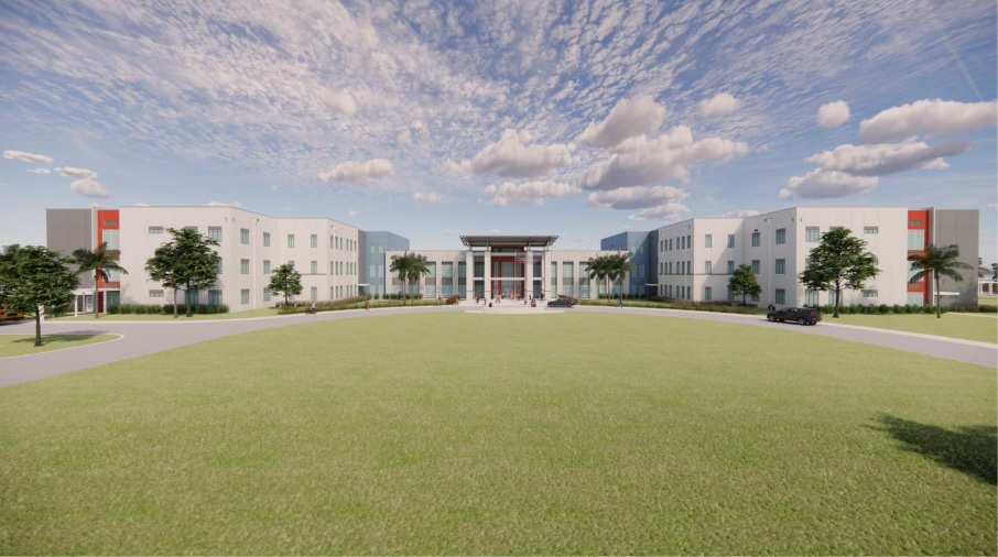 A rendering showing the front of the new South Marion High School