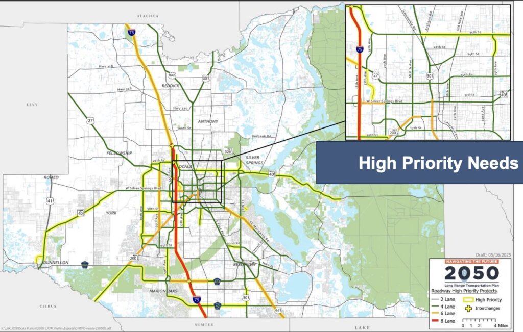 The roadways in Marion County that have been identified as having a higher priority for transportation needs.