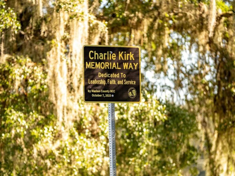 A new Charlie Kirk Memorial Way sign was dedicated and installed on a Marion County roadway on Friday.