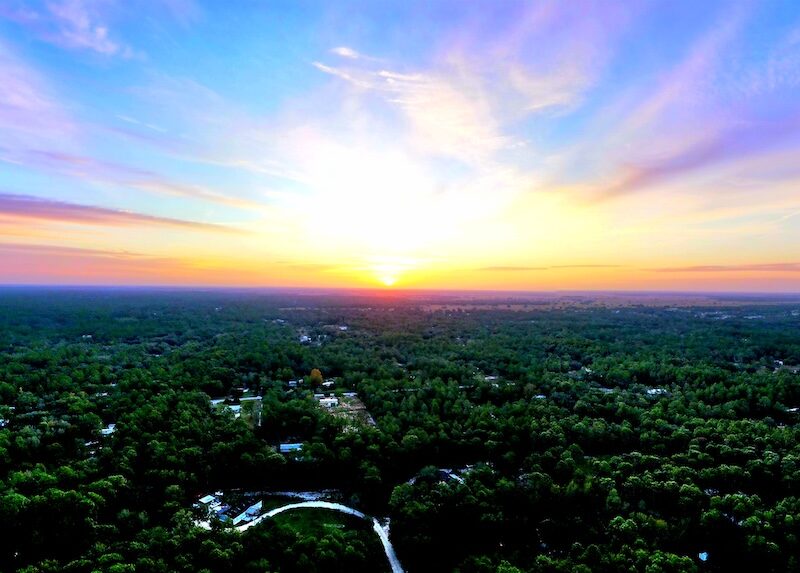 Drone view of spectacular sunrise in Dunnellon