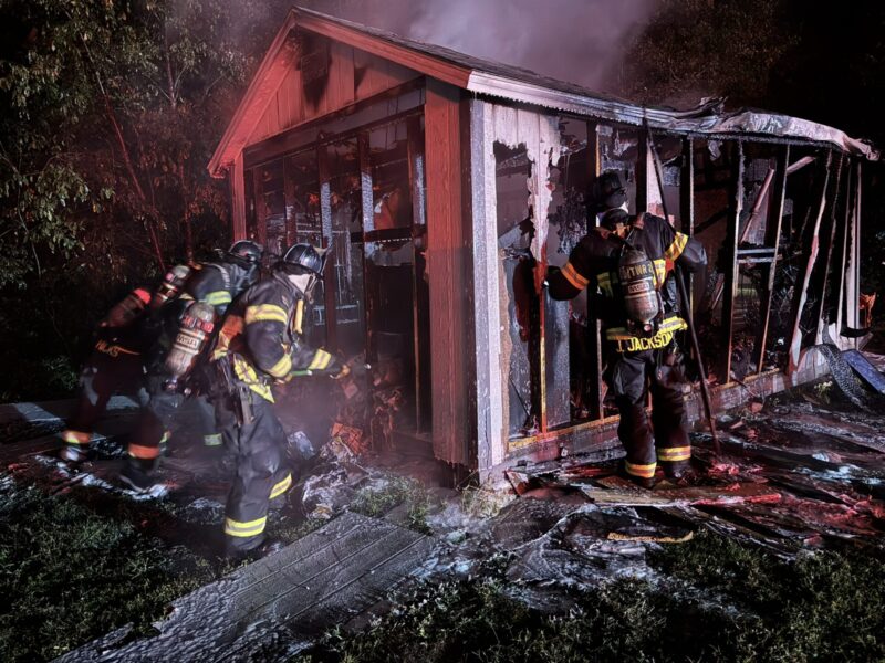 Marion County firefighters battling a shed fire in Belleview on October 7, 2025. (Photo: Marion County Fire Rescue)