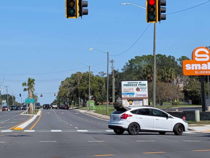 A car doing a U turn along State Road 200 in October 2025