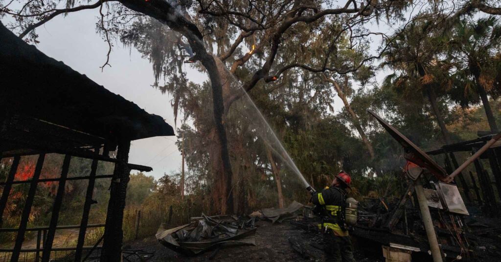 Firefighters had to spray surrounding trees and bushes that caught fire during the incident.
