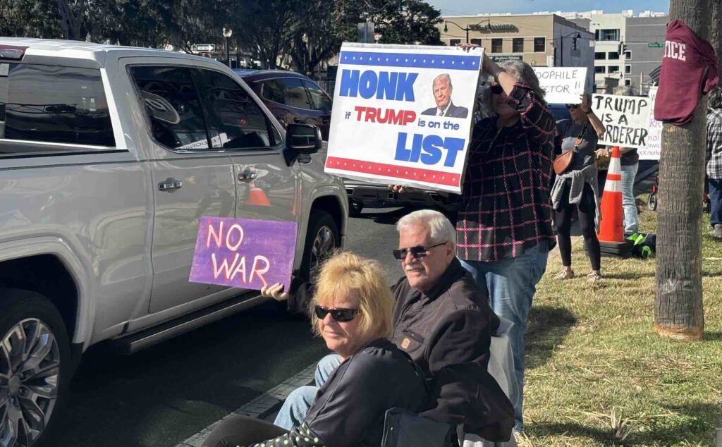 Anti Trump signs during No Kings protest in downtown Ocala on January 17
