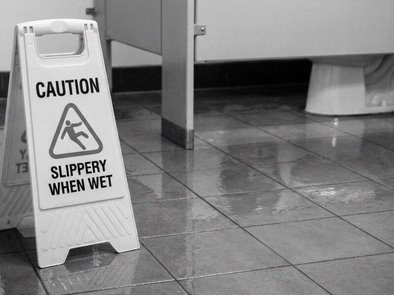 Caution Slippery When Wet sign in bathroom