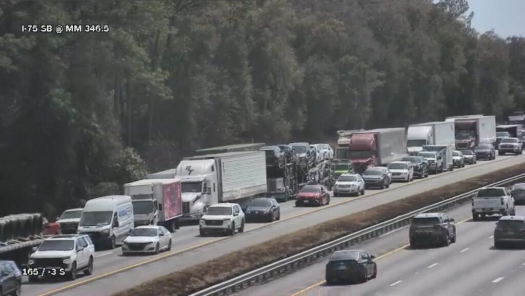 Traffic is slow on I-75 on Monday afternoon after a dump truck crashed into an overpass along the highway in northwest Ocala.