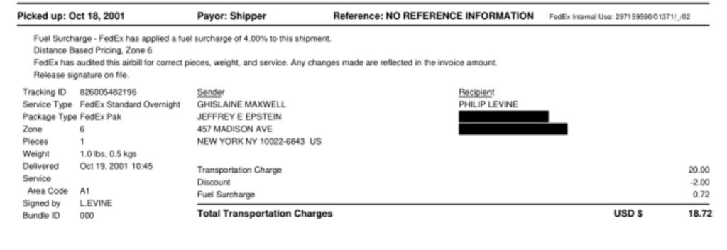 A FedEx shipment receipt from 2001 with the name Philip Levine