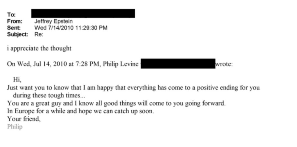 An email sent by Philip Levine to Jeffrey Epstein