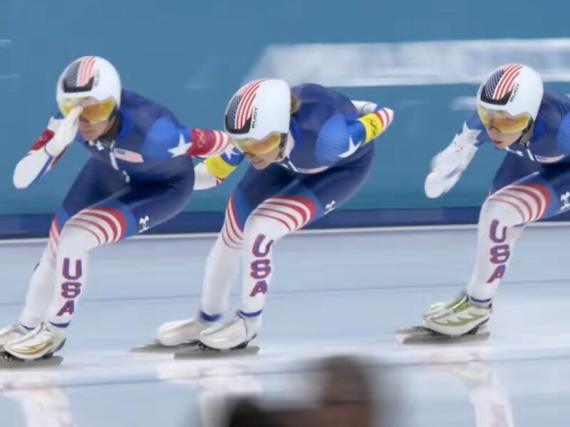 Brittany Bowe left and her American teammates during the Team Pursuit event at the 2026 Winter Games