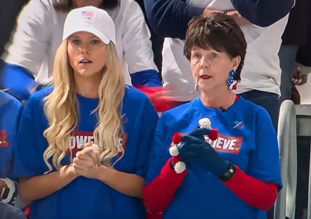 Brittany Bowe s family Brooke left and Debbie right rooting her on at the 2026 Winter Olympics