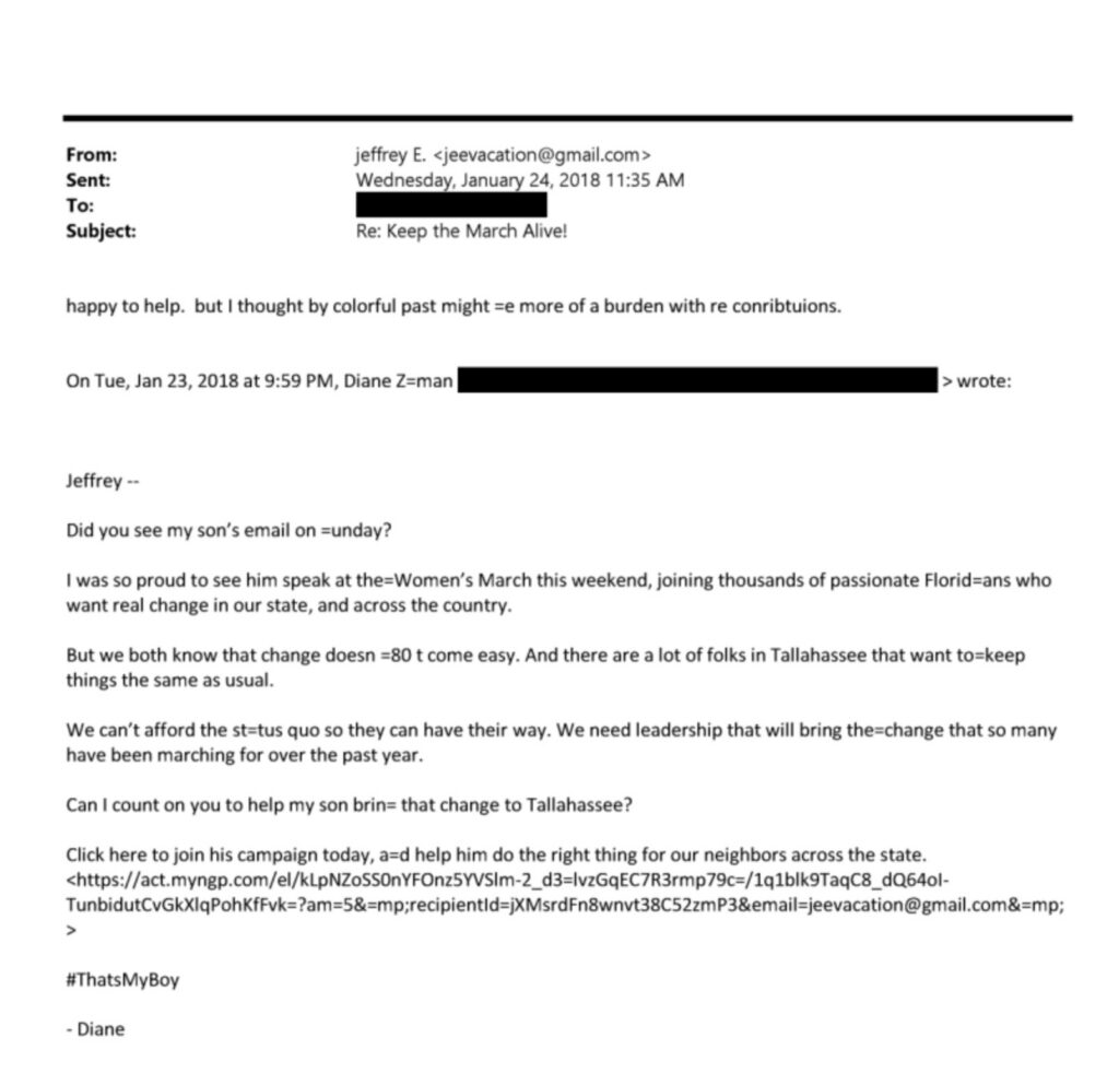 Email from Jeffrey Epstein in response to automated campaign email sent by Levine in 2018