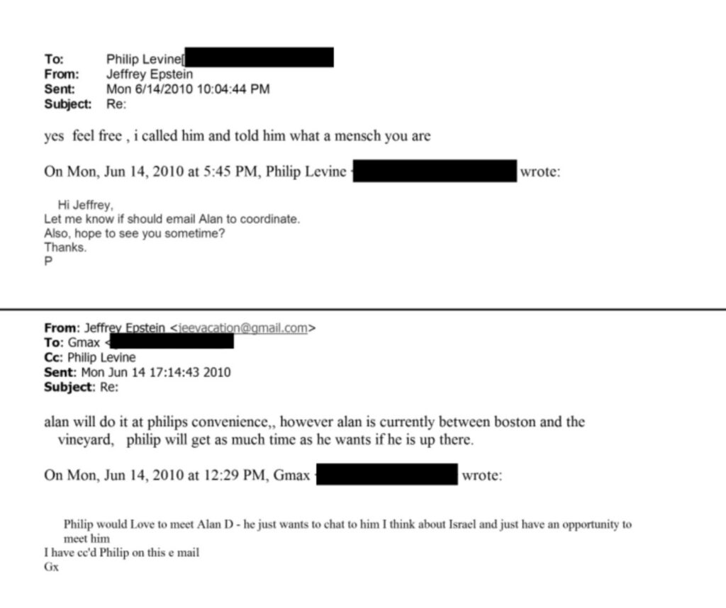 Epstein calls Levine a mensch in a reference to a shared contact