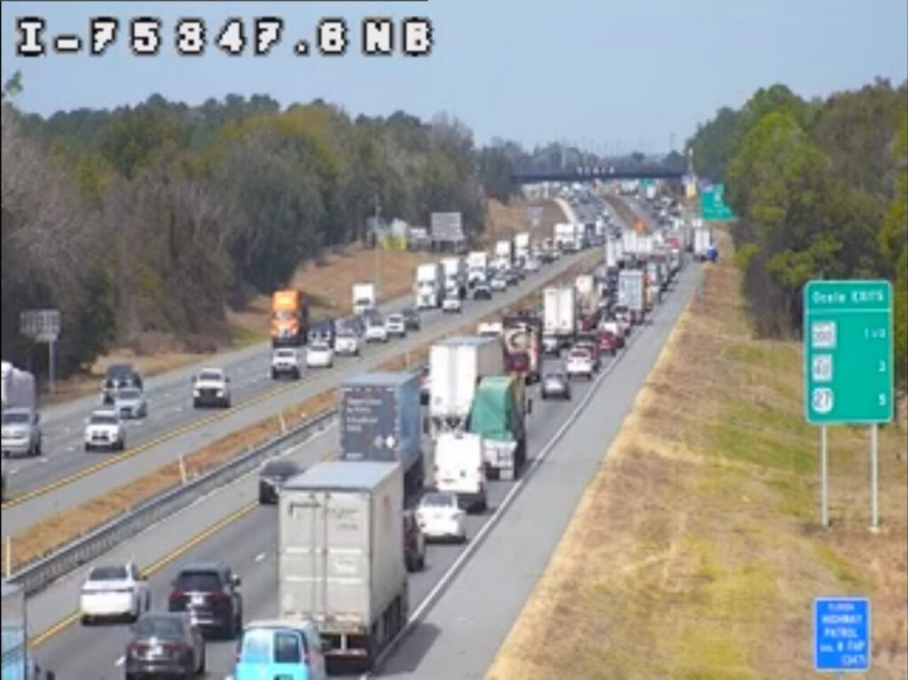 Traffic is slow on I-75 after a dump truck crashed into an overpass along the highway in northwest Ocala.