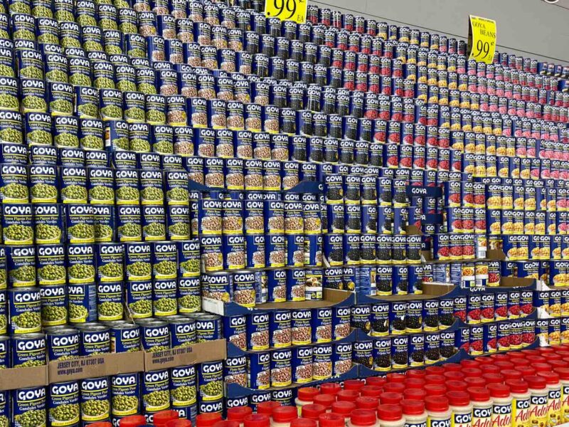 Stacks of Goya beans at Bravo Supermarket in Orlando.