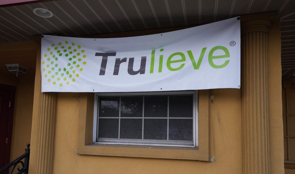A Trulieve sign is hanging at the old Belleview Pizza - Italian Restaurant
