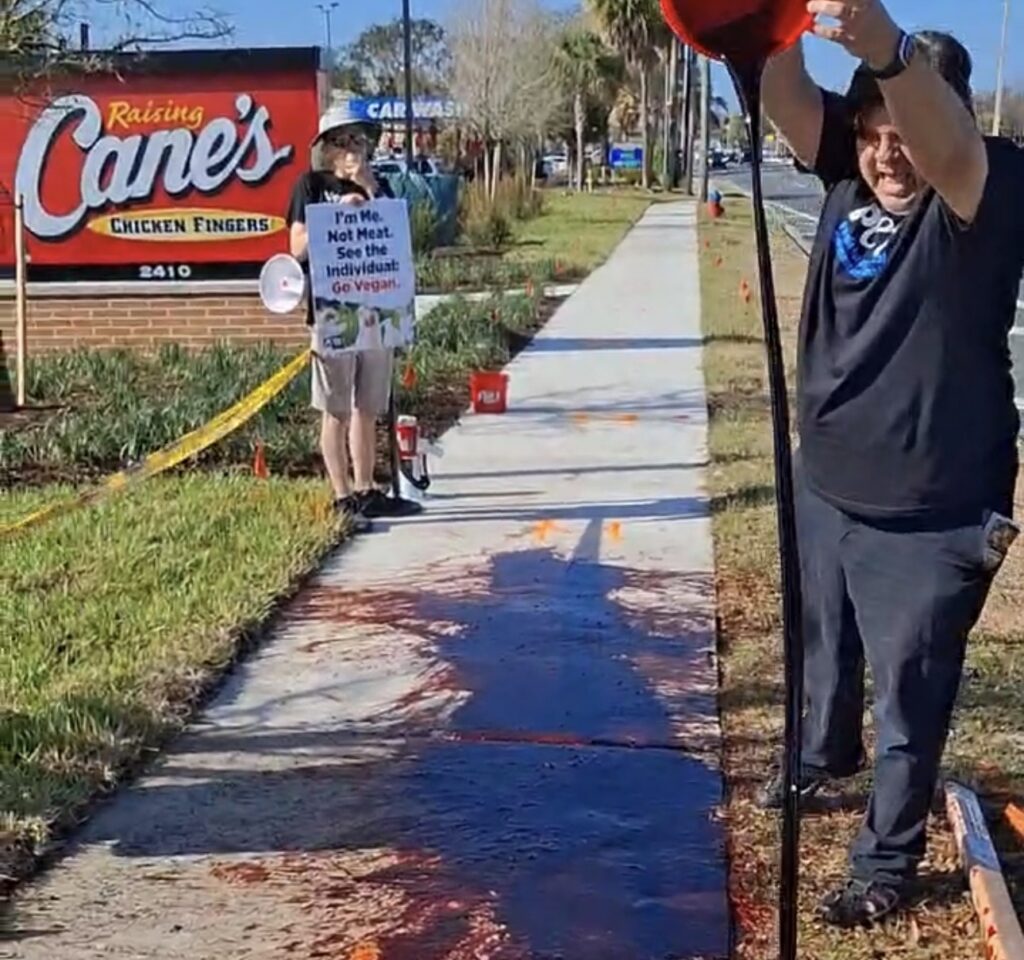 A protestor dumps blood outside of Raising Cane s in Ocala