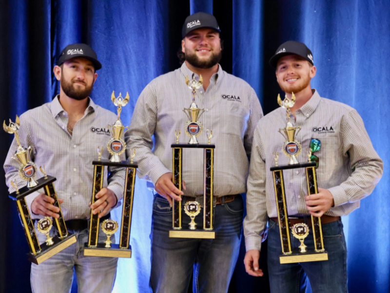 Evan Vandeventer (left), Kameron Matvejs (center), and Bryson Jones (right) claimed big wins at the 2025 Florida Lineman Competition and Safety Awards.