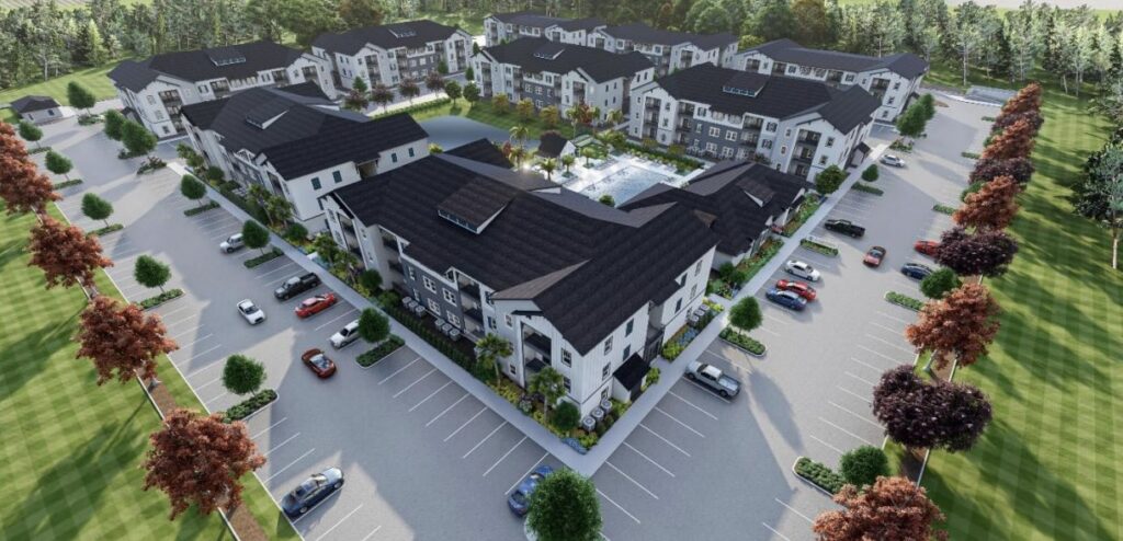 A rendering showing the potential multi family housing development