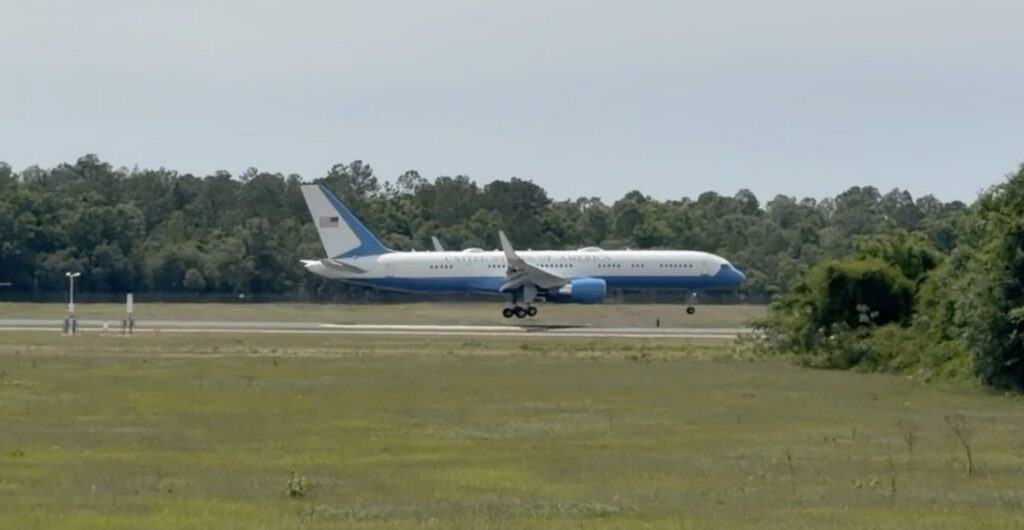Air Force One lands at the Ocala International Airport in Ocala on May 1