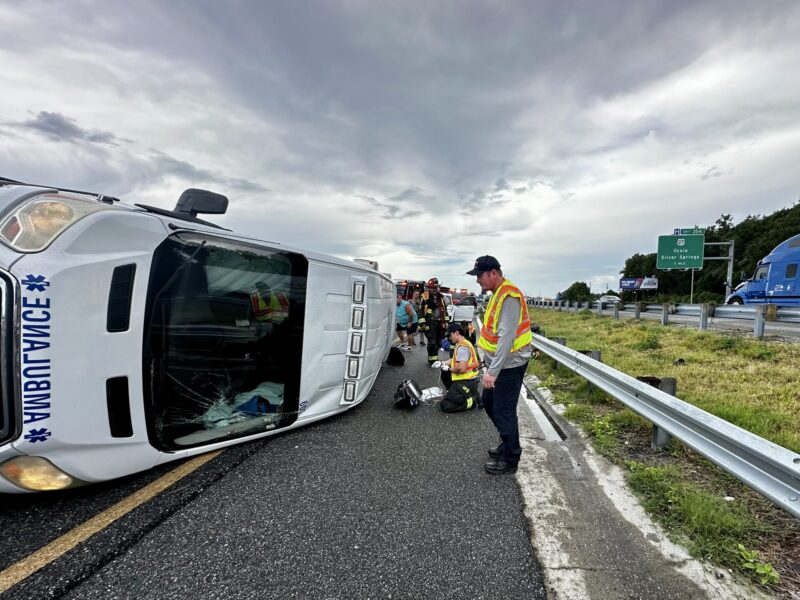 Ambulance flips on I 75 in Ocala