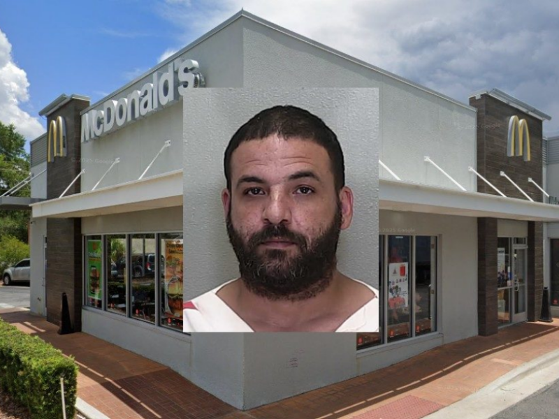 Jonathan Bones was arrested after allegedly attacking two employees inside the McDonald's located at 8240 SW Highway 200 in Ocala. (Background photo credit: Google)
