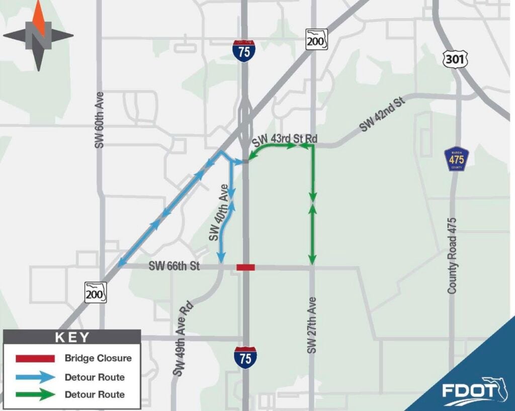 Detour route map for SW 66th Street Bridge Replacement