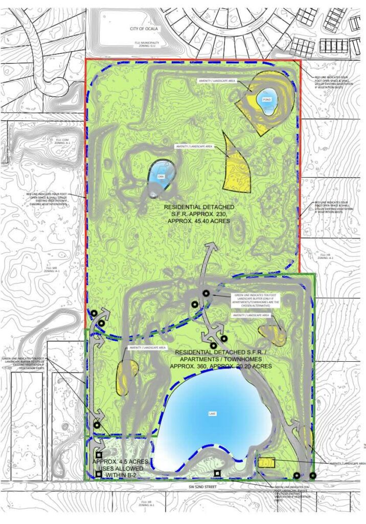 The proposed development features a mix of single family and multi family housing, as well as commercial space